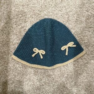 Blue and Cream Knit Bow Hat